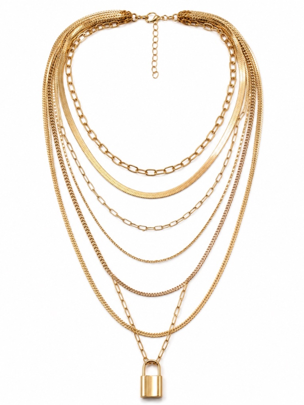 Layered Gold-Tone Mixed Chain Padlock Necklace